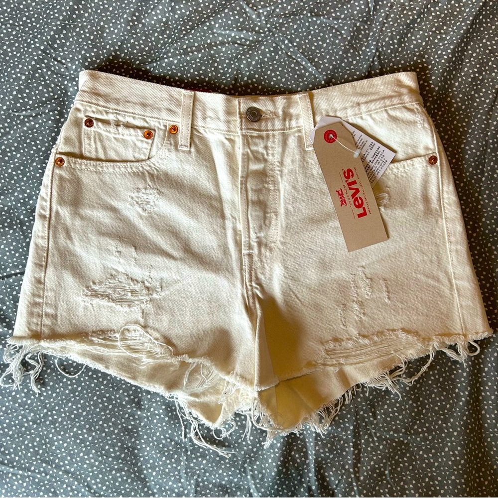 Levi's Cream High-Waist Distressed Denim Shorts